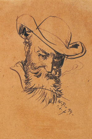 Gezeichnetes Selbstporträt von Wilhelm Busch mit Hut 
